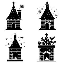 Christmas-themed brick chimneys with festive decorations on white background holiday