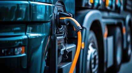 Stunning photo of Close-up of an electric truck charging port with an orange charging cable plugged in, on a blurred background of the truck.