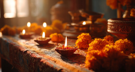 Festival diya light decor marigold flower