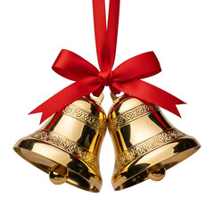 Golden Christmas bells with red ribbon