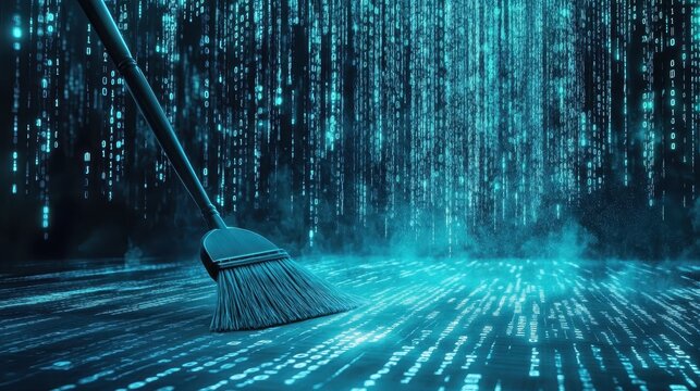 Stunning photo of Broom sweeping binary code on a digital floor, data cleaning concept