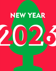 unusual designer green fir tree on a red background. New year 2026. Christmas and new year greeting card, vector illustration