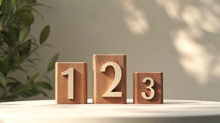 Wooden Number Blocks 1, 2, 3 on a Table Surrounded by Natural Light and Greenery, Perfect for Children's Learning and Educational Themes