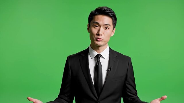 A man in a black suit standing against a green background with a questioning expression