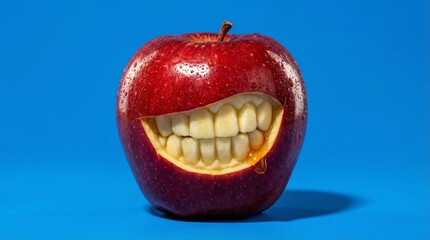 Red apple with smiling mouth and teeth carved into flesh on blue background