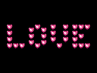 brilliant red hearts on black background.  Decorative print, inscription  LOVE. Vector illustration .