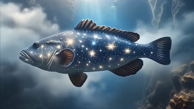 A majestic celestial fish with a starry pattern swims in a mystical underwater realm with light rays filtering through the water, creating an ethereal scene.