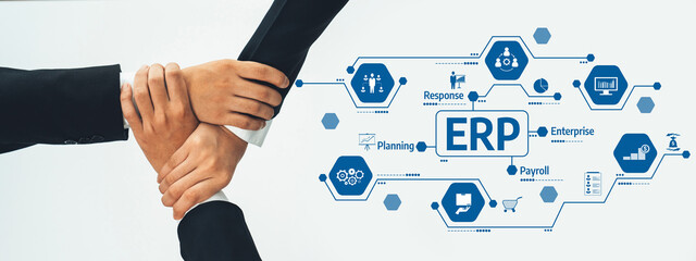 Office worker team stacking hand together symbolize successful group of business partnership and strong collective unity teamwork in community workplace in panoramic banner. Shrewd Amity