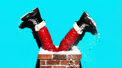 Santa legs sticking upside down from snow covered chimney on blue background