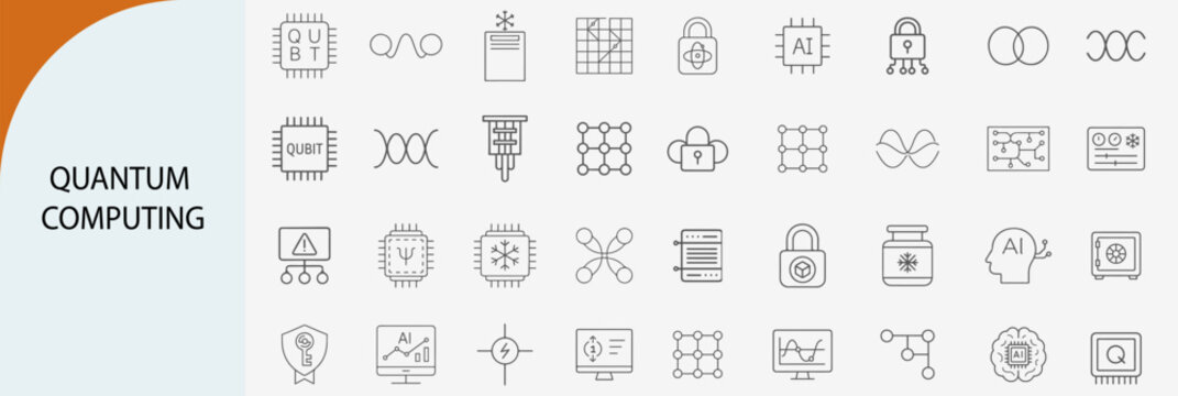 quantum computing line icons collection, minimal vector illustration design