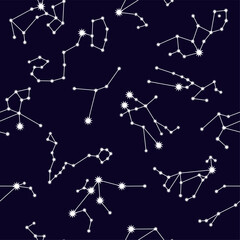 zodiac signs and geometric shapes on black background. Stylish abstract seamless pattern in trendy style Vector illustration	
