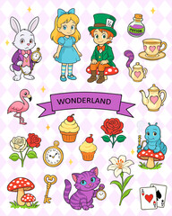 A big  set of anime-style wonderland characters. Cartoon Alice, white rabbit, Hatter, Cheshire cat, flamingos, roses, poison, clock, teapot and cup, key and cards. Vector illustration