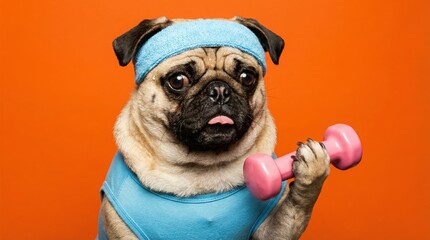 Sweaty pug dog in blue headband lifting pink dumbbell on orange background