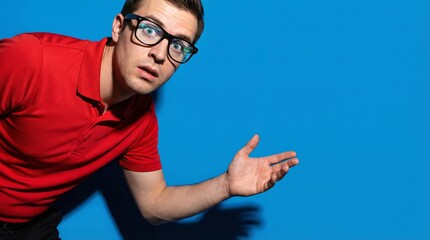 Young surprised man in red polo shirt leaning forward and gesturing with open hand
