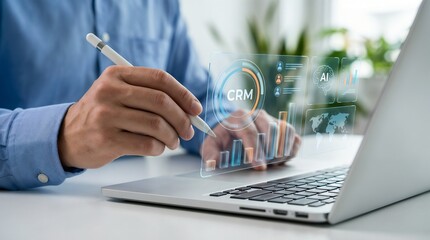 Professional pointing a stylus at a laptop screen, holographic "CRM" dashboard (Customer Relationship Management), data analytics charts, global map, AI brain icon, business intelligence, sales strate