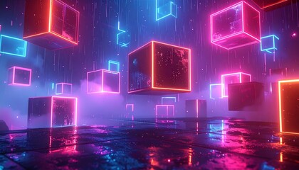 Neon-lit cubes float above a reflective surface amidst fog. Futuristic, abstract, vibrant, and digital scene