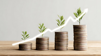 Stacks of coins with growing plants and upward trend line green
