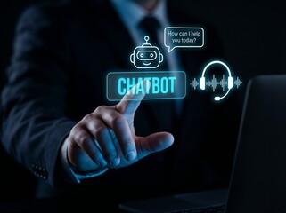 Businessman finger touching a floating digital button labeled "CHATBOT", glowing robot head and headset icons, virtual customer support, automated assistance, conversational AI interface, dark futuris