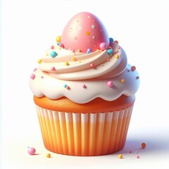 Colorful cupcake with pink egg and sprinkles on white frosting in a decorated paper liner