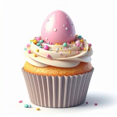 Colorful cupcake with pink egg and sprinkles in decorative liner showcasing festive dessert design