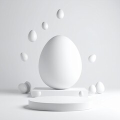 White eggs arranged in an artistic display on a minimalist pedestal with floating elements