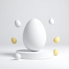 White and Yellow Eggs Floating Around a Central Egg on Circular Display Stand