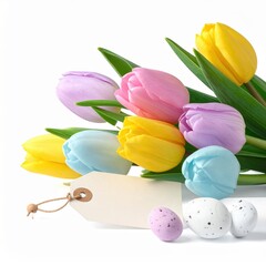 Colorful Spring Tulips Bouquet with Decorative Easter Eggs and Blank Tag for Greeting Cards