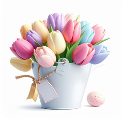 Colorful tulips in a white bucket with a decorative tag and pastel Easter egg