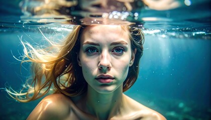 Portrait of a woman with blonde hair, partially submerged in clear water. Looking directly at the viewer
