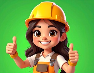 Animated girl with brown hair and a construction hat gives a double thumbs-up against a green background