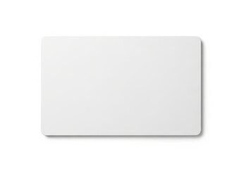 Blank white rectangular plastic card with rounded corners casts a subtle shadow on a white surface