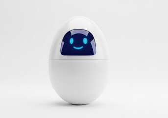 Smooth white futuristic device displays a cheerful digital face on a clean light background