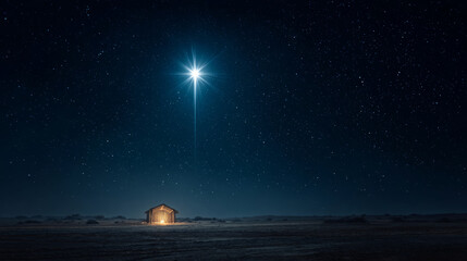 Blue star manger desert night, peaceful nativity scene under starlit sky