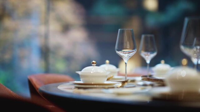 Elegant dining setup by garden view