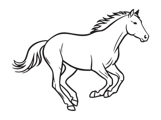 Black and white line art sketch of a galloping horse for coloring
