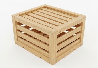 Natural wooden storage container with slat construction shown in high angle view