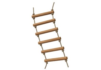Wooden rung rope ladder hangs diagonally against a white background