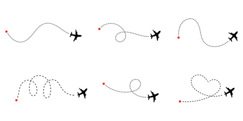 Collection of airplane icons showing diverse flight paths with dotted lines and red starting points illustrating global travel and destination journey concepts