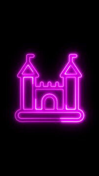 Neon pink castle icon with turrets and battlements on a black background, perfect for fantasy or entertainment themes