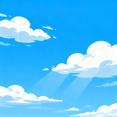 Bright blue sky with fluffy white clouds and sun rays shining through