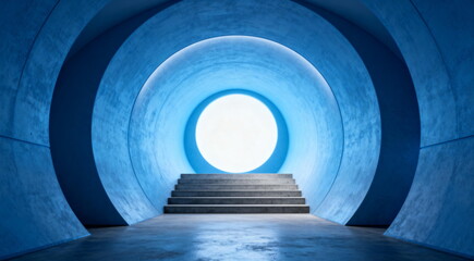 Bright Circular Light at End of Blue Concrete Tunnel