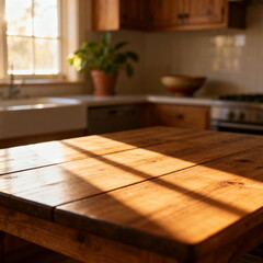 Sunlit Wooden Kitchen Table with Warm Light