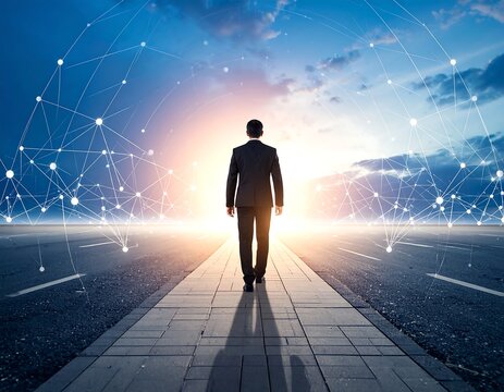 Person walking toward sunset on a paved path, dotted networking lines above, against a vibrant blue and orange sky