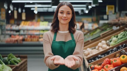 Friendly young caucasian female sales assistant in a green apron working at a supermarket. She smiles and extends her open hands towards the camera in a welcoming gesture