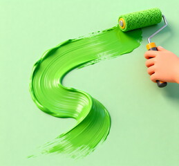 Hand Holding Green Paint Roller with Swirl