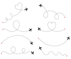 Dynamic collection of black airplane icons with distinct dotted line flight paths depicting various travel journeys and adventure destinations across a clear background