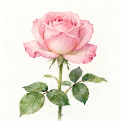 Watercolor Painting of Pink Rose with Leaves