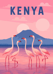 Flamingos in Kenya with Mountains and Sunset 