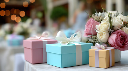 Wedding guest gift setup presentation, heavily defocused celebration background, event favor arrangement, matrimonial reception display, special occasion styling, with copy space