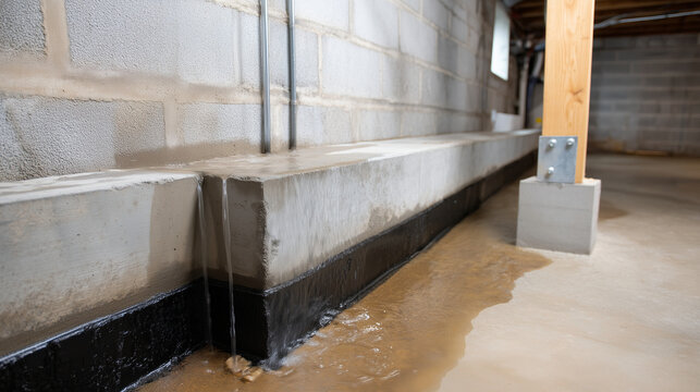 Water intrusion test demonstration in basement after waterproofing, controlled water flow against foundation wall, no leaks visible, technical verification scene for professional s
